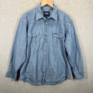 Wrangler Western Shirt Mens 17.5x37 Blue Denim Pearl‎ Snap Long Sleeve Vintage